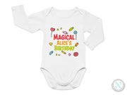 a baby bodysuit that says,'magical alice's birthday '