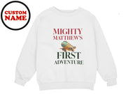 a white sweatshirt with the words mighty mathew's first adventure printed on it