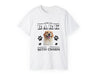 a white t - shirt with an image of a dog&#39;s face and paw