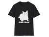 a black t - shirt with a white cat that says claw - some