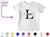 a white t - shirt with the letter l on it