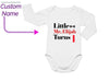 a baby bodysuit with a name and a picture of a train