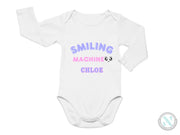 a white bodysuit with the words smiling machine on it