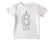 a white shirt with the number six on it