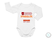 Personalize Name and Date Baby Boy Bodysuit With "Certified Snuggler"