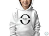 a young boy wearing a white hoodie with a black o on it