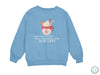 a blue sweatshirt with a picture of a hot chocolate mug with marshmallows