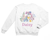 a white sweatshirt with flowers on the front and a custom name on the back